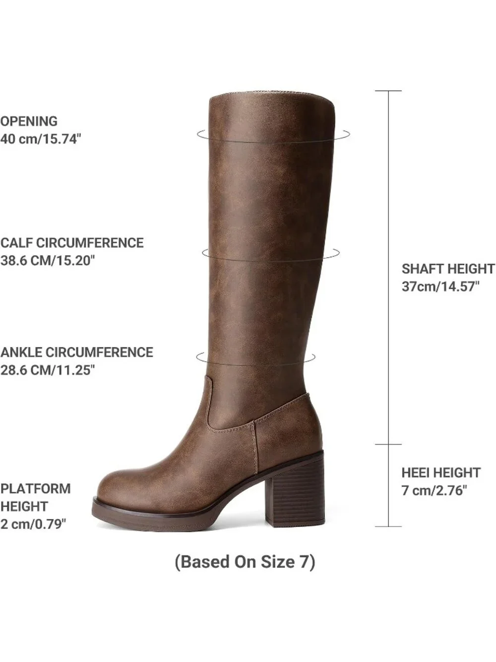 Women's Dark Brown Block Heel Round Toe Faux Leather Side Zipper Knee High Boots